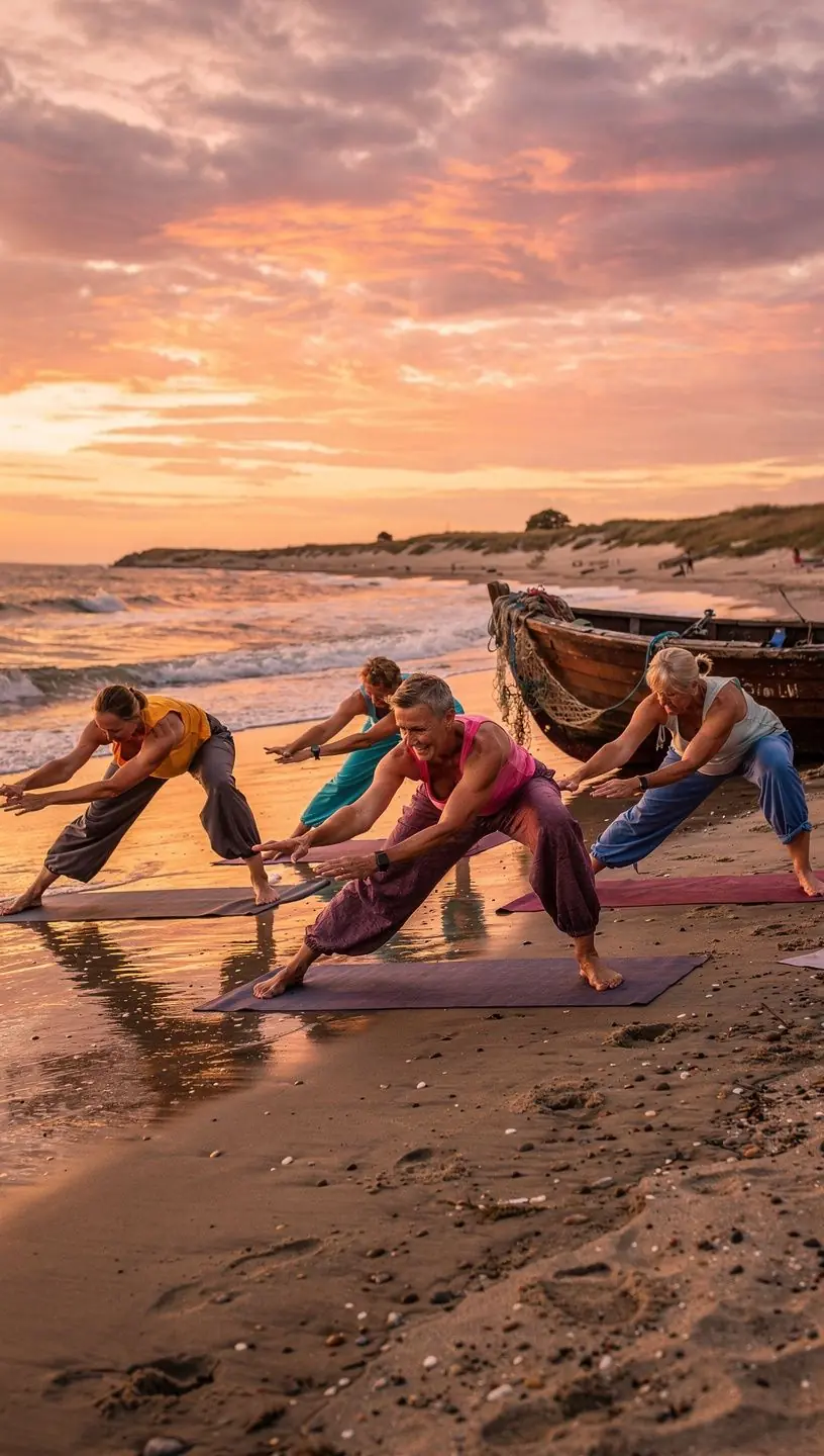 Relaksująca sesja jogi na tle malowniczego krajobrazu, z ciepłym światłem zachodzącego słońca.