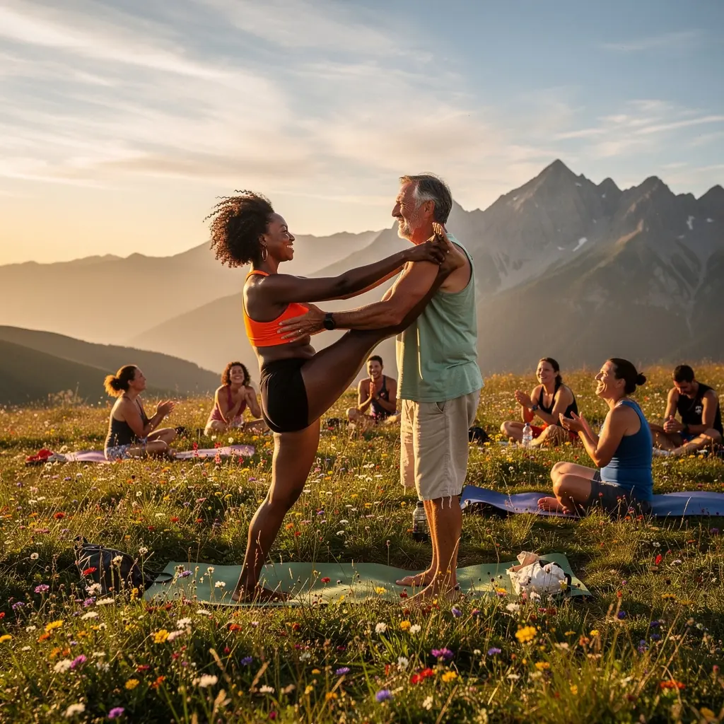 Zachód słońca nad spokojnym jeziorem, grupa ludzi praktykujących jogę w plenerze, otoczona naturą.