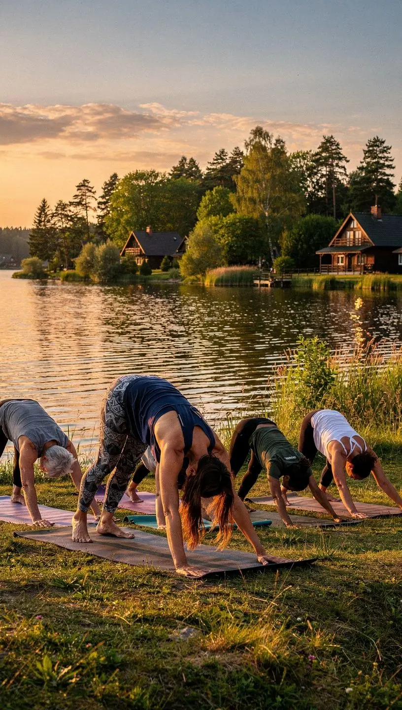 Uczestnicy zajęć jogi w czasie złotej godziny, medytujący wśród drzew i kwiatów.