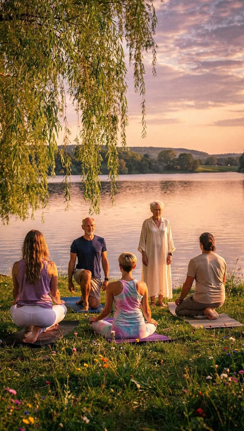 Uczestnicy zajęć jogi w plenerze, otoczeni malowniczymi drzewami, w blasku złotej godziny.
