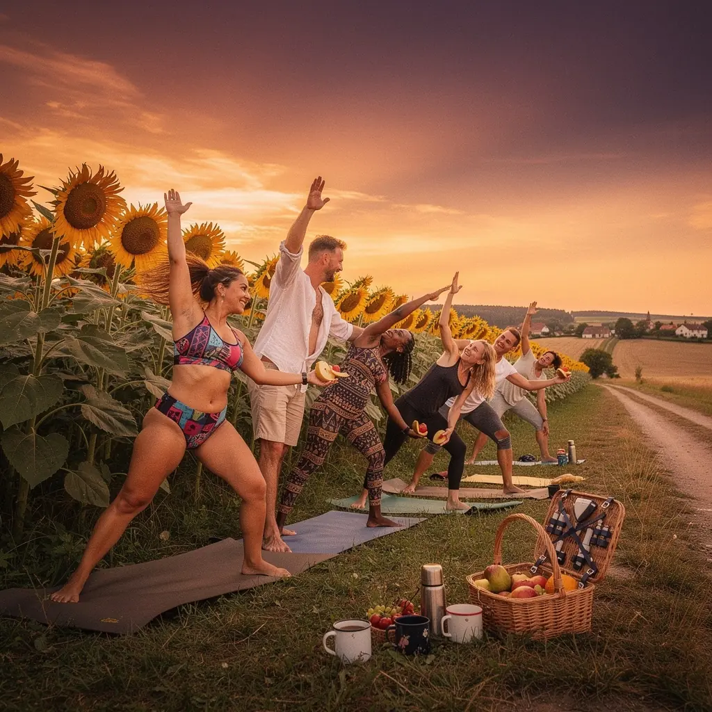 Uczestnicy zajęć jogi w plenerze, otoczeni malowniczymi drzewami, w blasku złotej godziny.