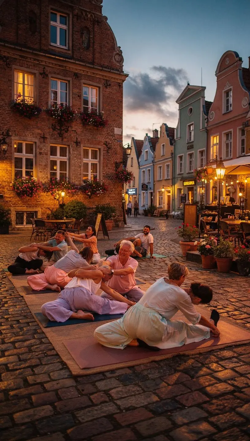 Uczestnicy zajęć jogi w plenerze, otoczeni malowniczymi drzewami, w blasku złotej godziny.