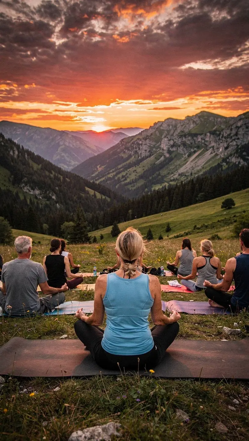 Uczestnicy zajęć jogi w plenerze, otoczeni malowniczymi drzewami, w blasku złotej godziny.