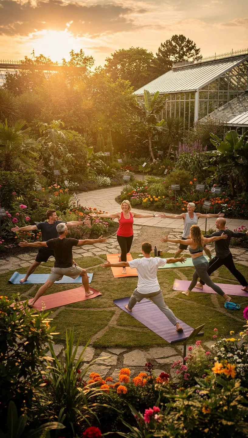 Uczestnicy zajęć jogi w plenerze, otoczeni malowniczymi drzewami, w blasku złotej godziny.