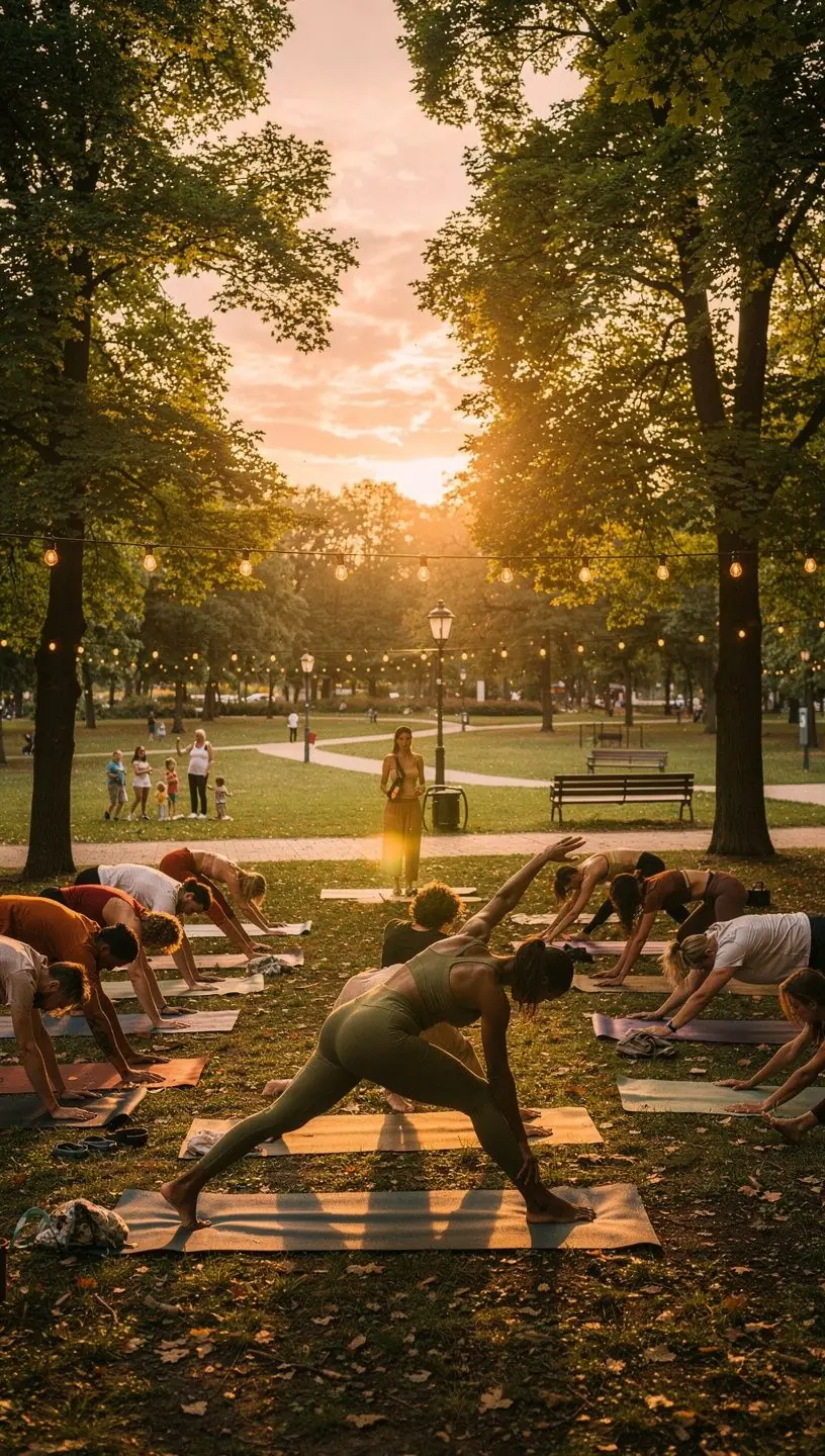 Uczestnicy zajęć jogi w plenerze, otoczeni malowniczymi drzewami, w blasku złotej godziny.