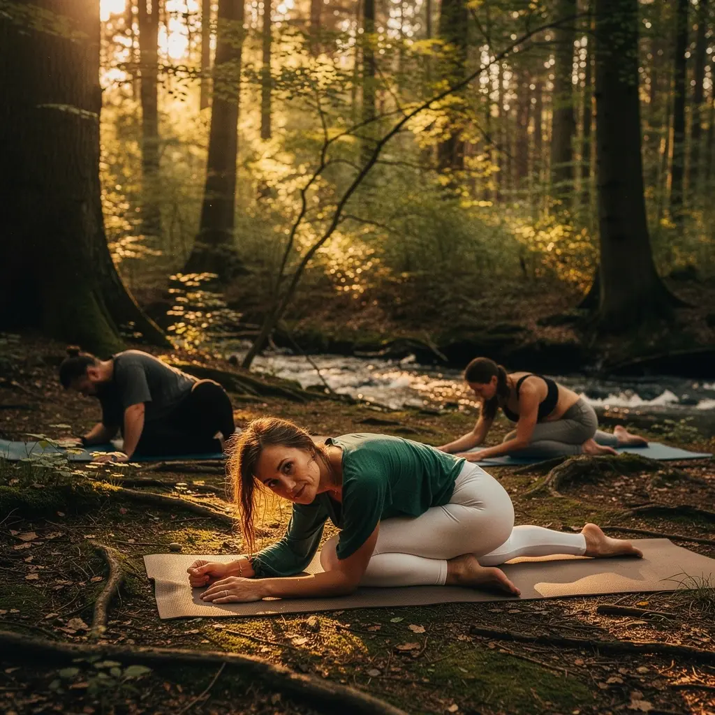 Uczestnicy zajęć jogi w plenerze, otoczeni malowniczymi drzewami, w blasku złotej godziny.