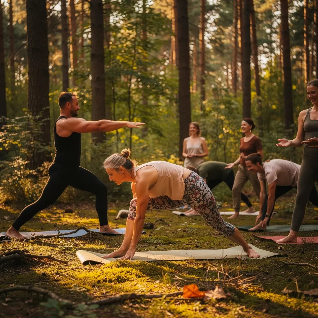 Zachód słońca nad spokojnym jeziorem, gdzie grupa osób praktykuje jogę na plaży.